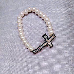 Bracelet Cross Crystals Pearls Accessories